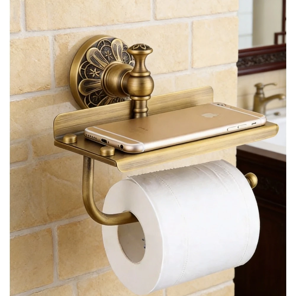 Brushed Gold Toilet Paper Holder with Shelf - Image 3