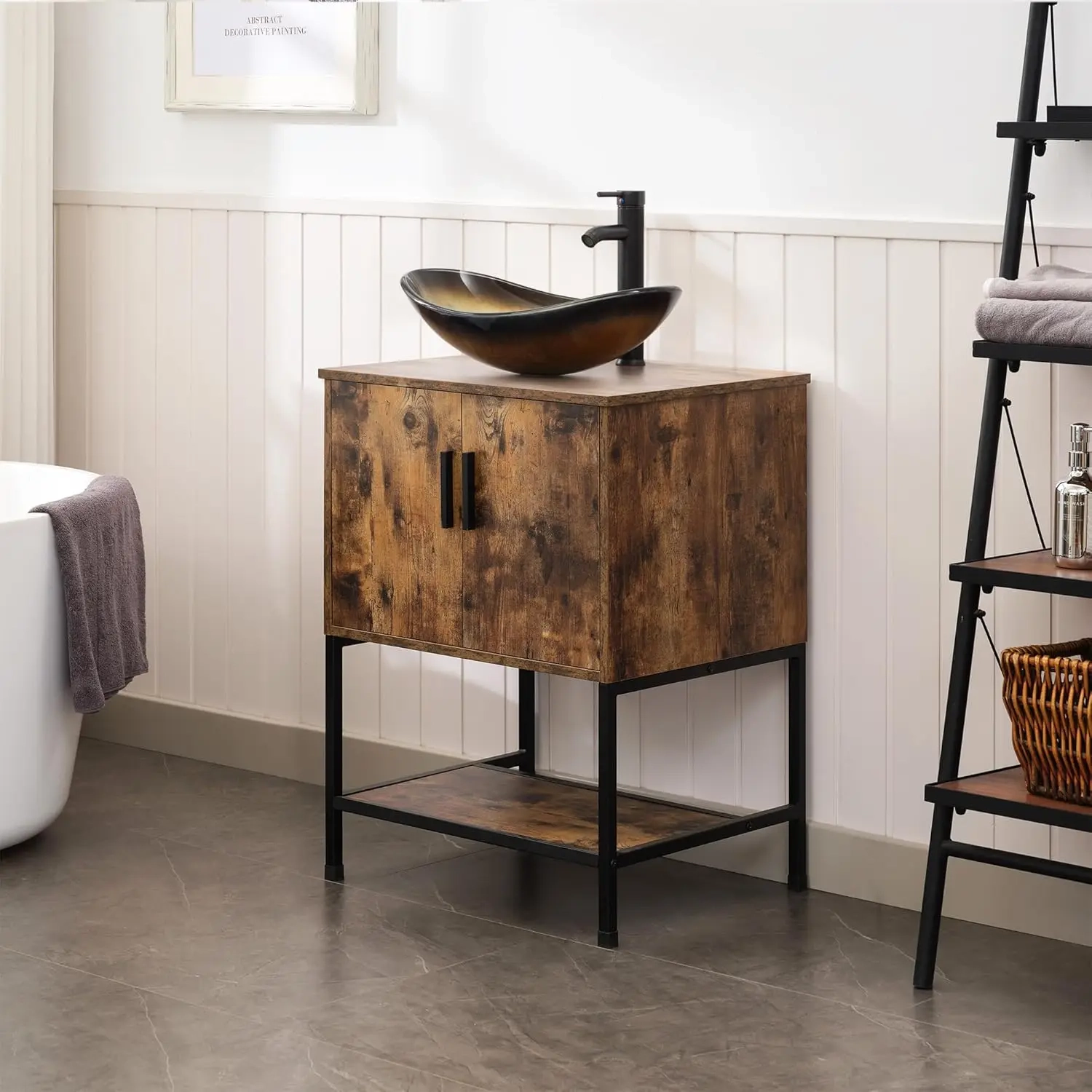 24-Inch Rustic Brown Bathroom Vanity with Vessel Sink Option and Open Shelf - Image 3