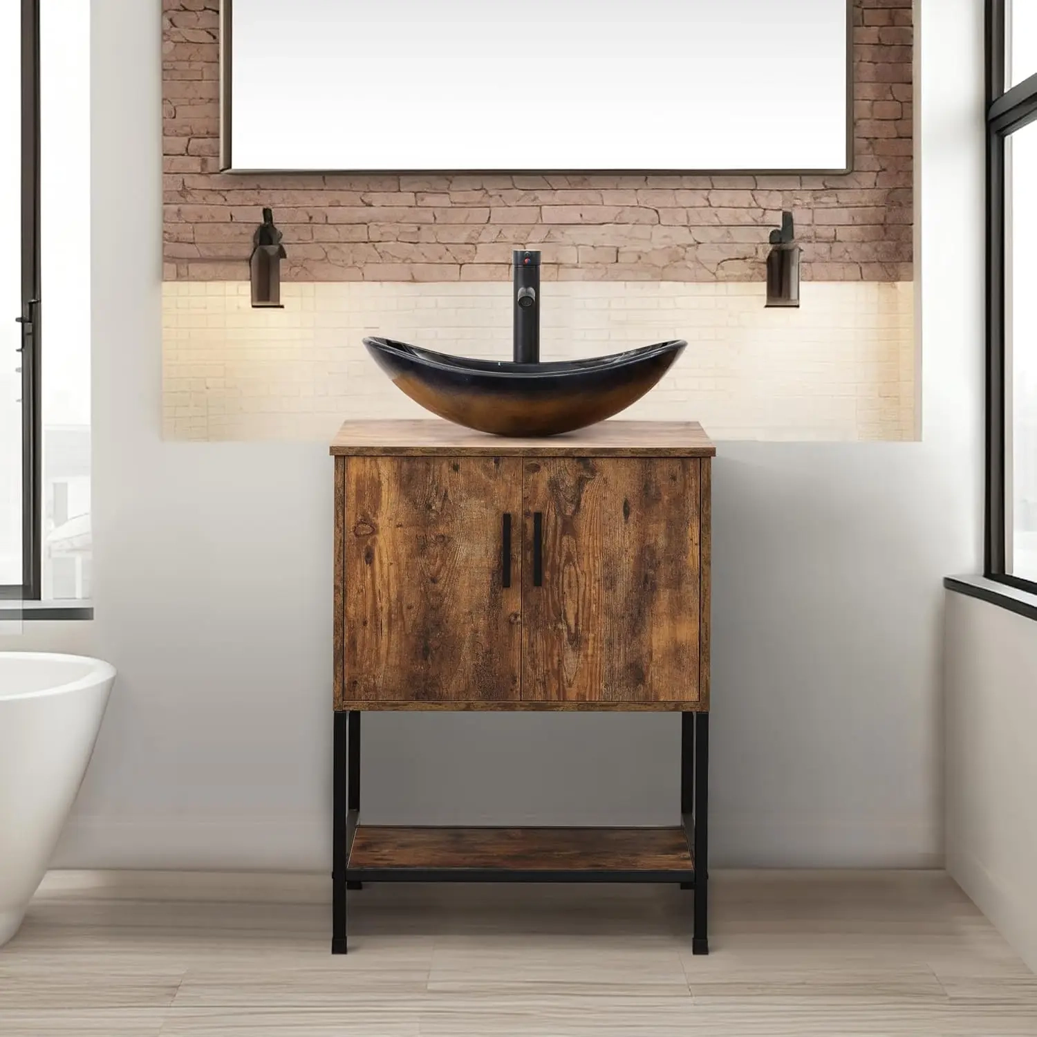 24-Inch Rustic Brown Bathroom Vanity with Vessel Sink Option and Open Shelf - Image 4