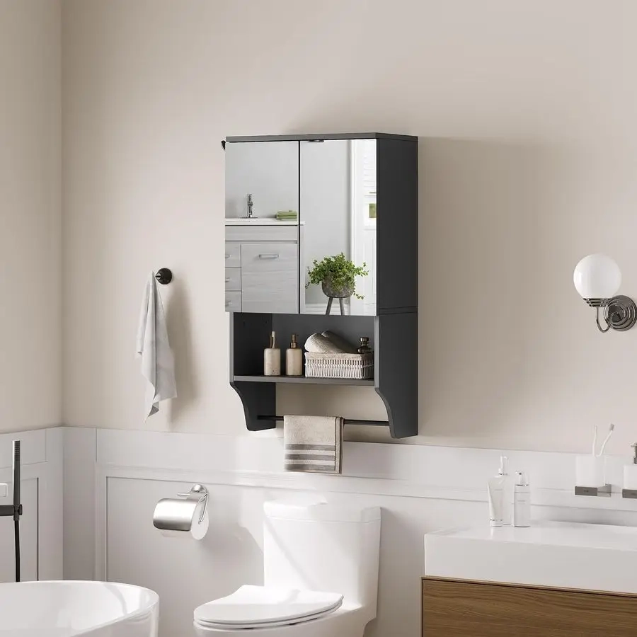 Wall Mounted Bathroom Mirror Cabinet with Adjustable Shelf, Open Cubby, and Towel Bar - Image 4