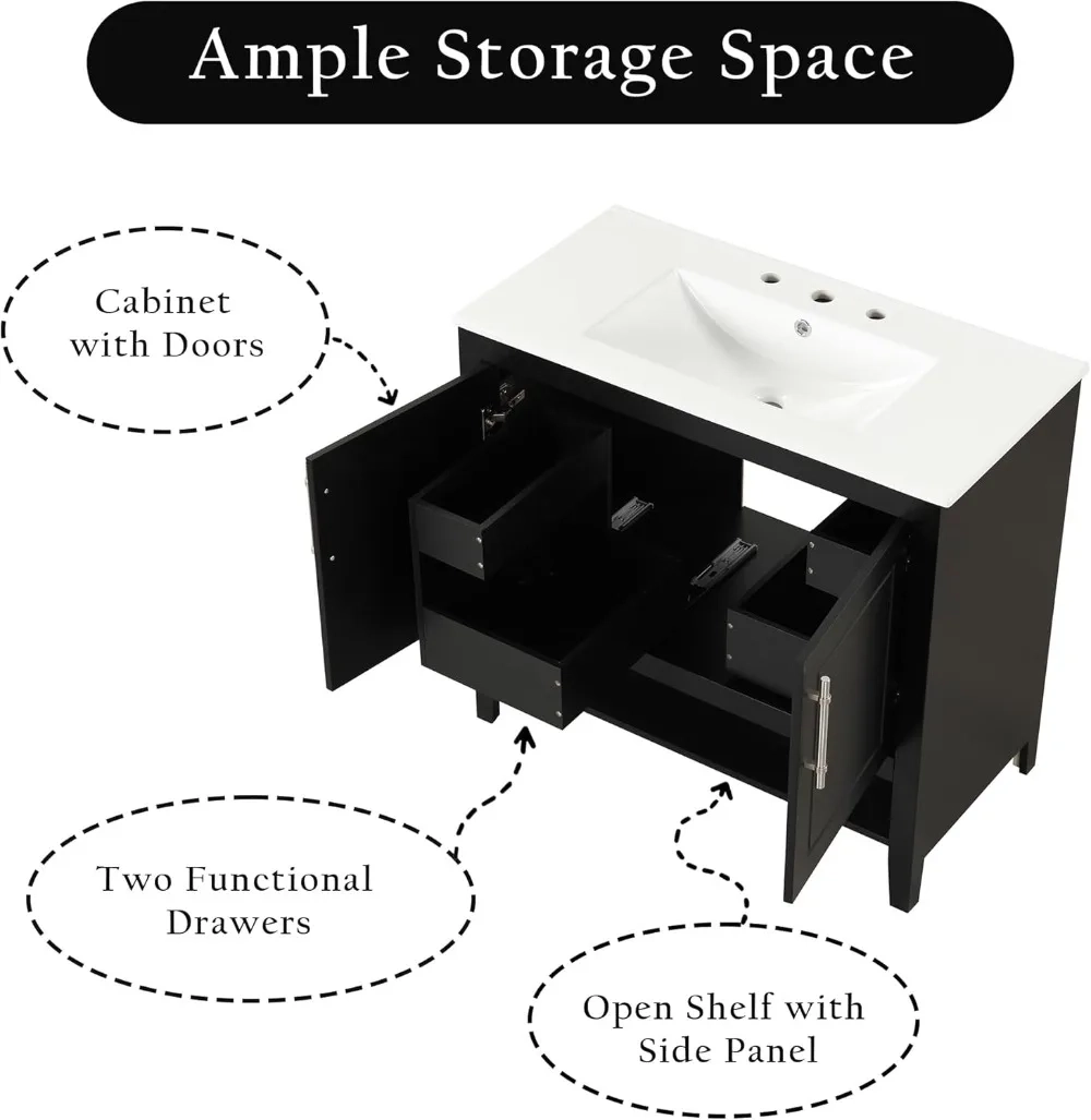 36-Inch Bathroom Vanity with Ceramic Sink, 2 Drawers and Open Shelf Storage - Image 4