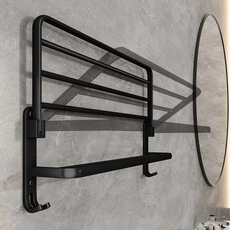 Wall-Mounted Folding Towel Rack with Hooks - Image 4