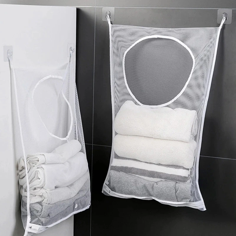 Wall Hanging Foldable Mesh Laundry Storage Bag with Hook - Image 2