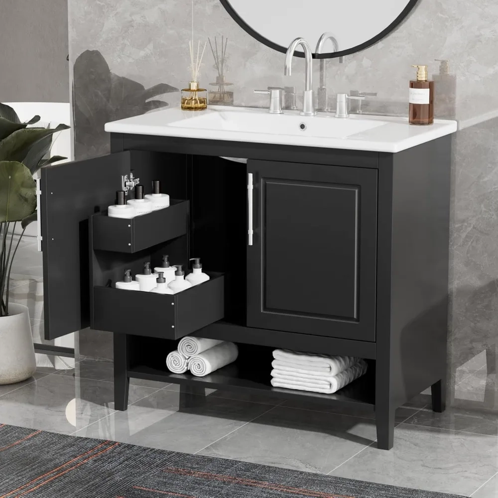 36-Inch Bathroom Vanity with Ceramic Sink, 2 Drawers and Open Shelf Storage - Image 3