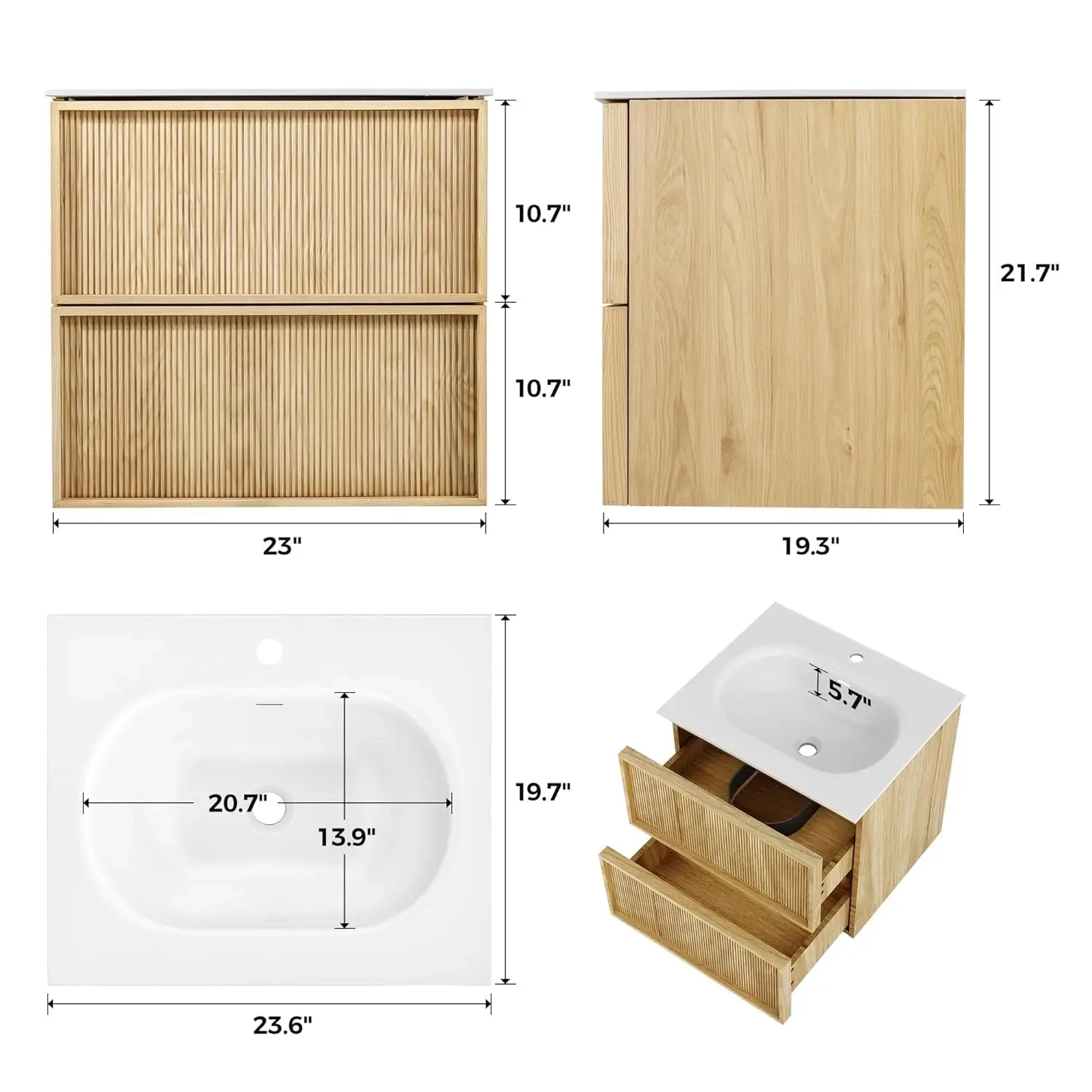 Floating Bathroom Vanity with Resin Sink and 2 Large Drawers - Image 2