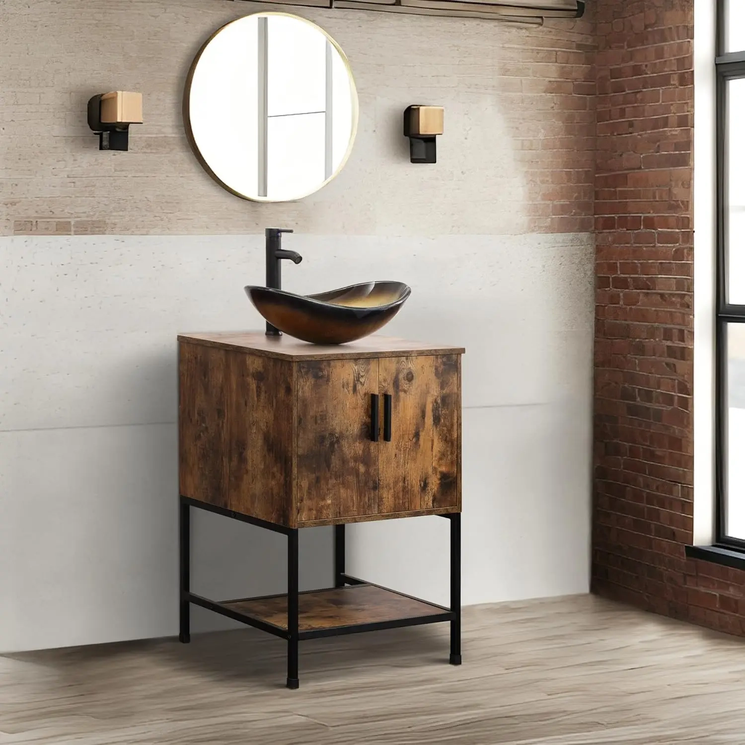 24-Inch Rustic Brown Bathroom Vanity with Vessel Sink Option and Open Shelf - Image 5