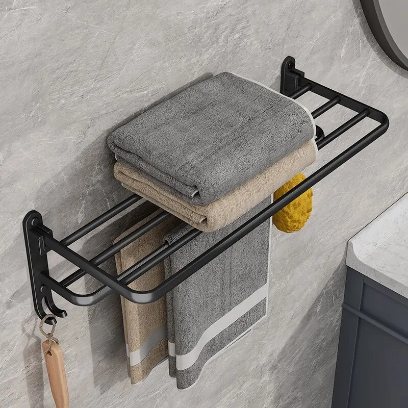 Wall-Mounted Folding Towel Rack with Hooks - Image 3