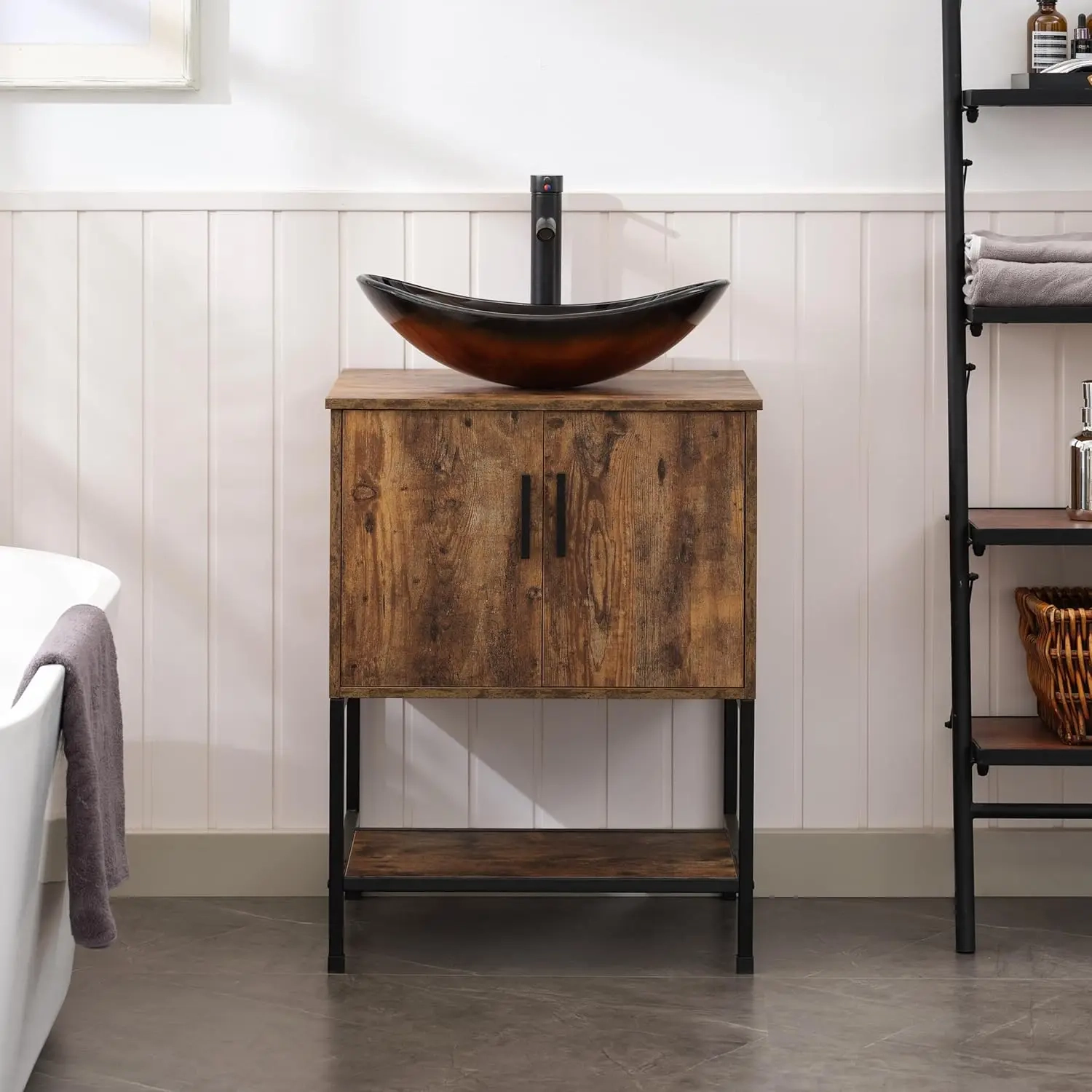 24-Inch Rustic Brown Bathroom Vanity with Vessel Sink Option and Open Shelf - Image 9