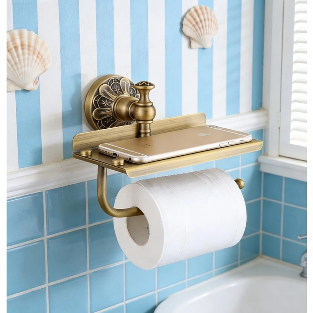 Brushed Gold Toilet Paper Holder with Shelf - Image 5