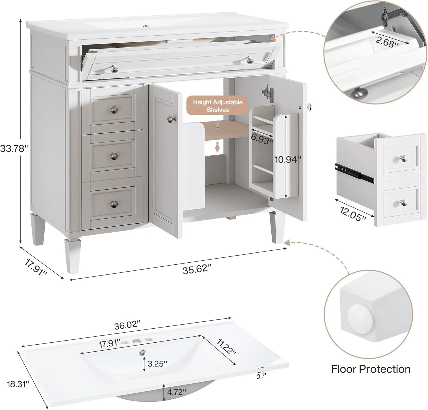36-Inch Freestanding Bathroom Vanity with Sink, 4 Drawers and 2 Doors - Image 2