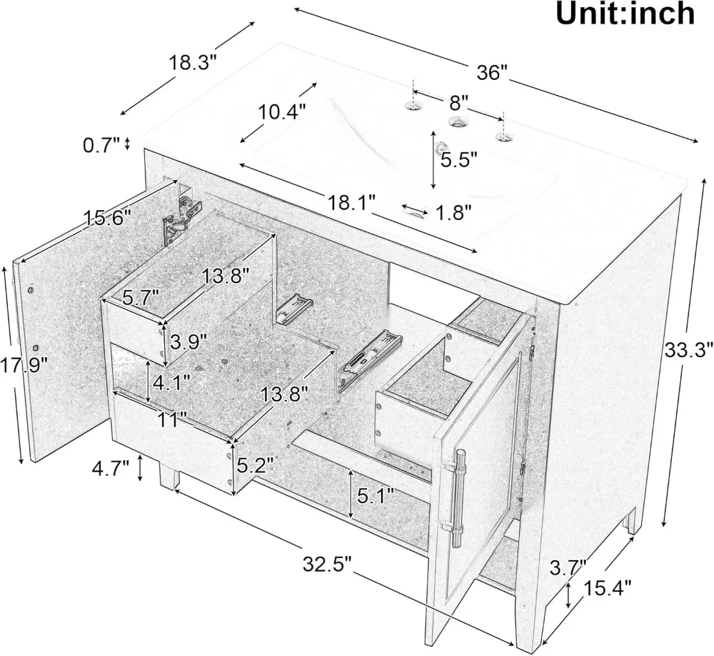 36-Inch Bathroom Vanity with Ceramic Sink, 2 Drawers and Open Shelf Storage - Image 2
