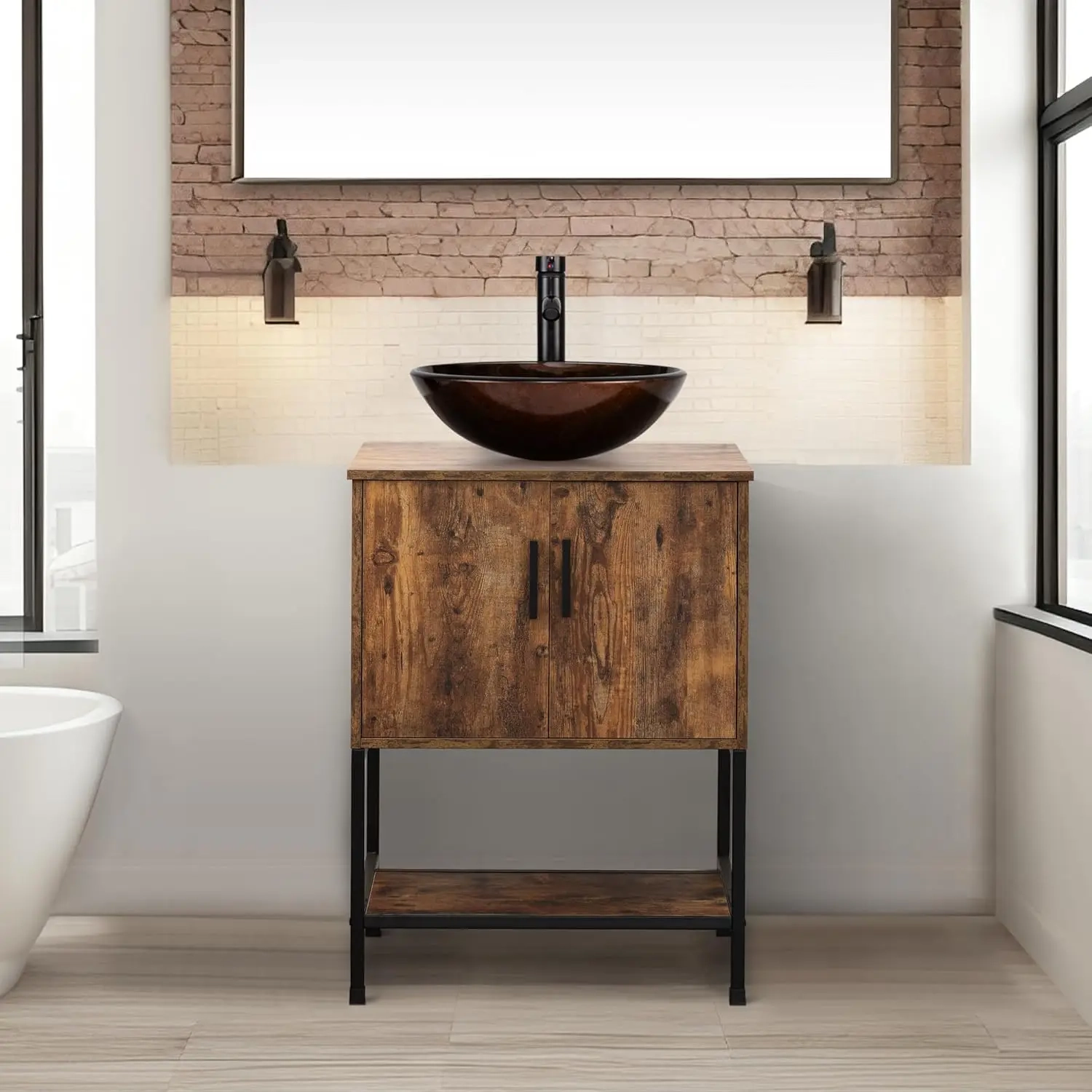 24-Inch Rustic Brown Bathroom Vanity with Vessel Sink Option and Open Shelf - Image 10