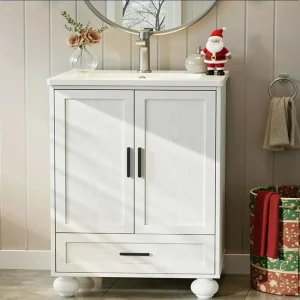 24-Inch Bathroom Vanity with Ceramic Sink, Adjustable Shelf and Drawer