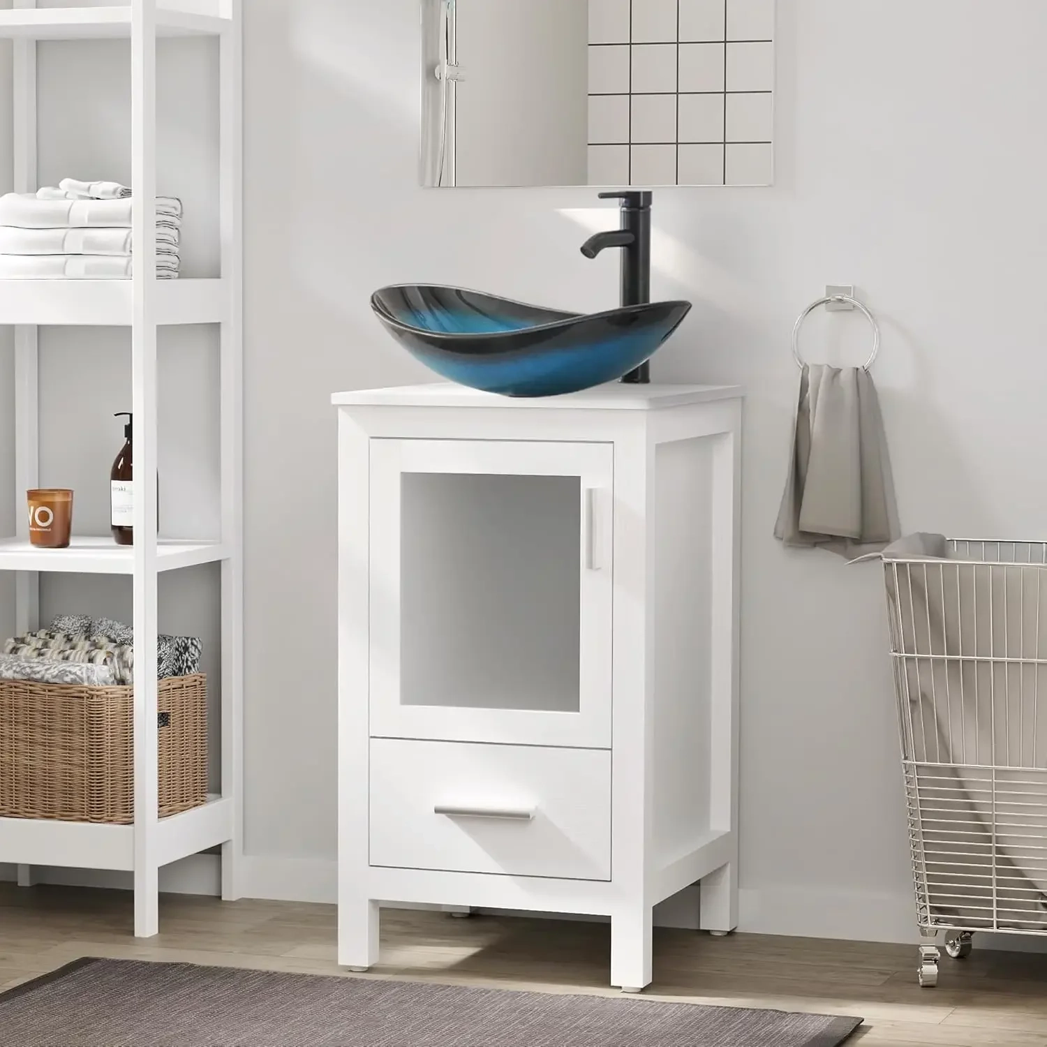 18-Inch Small Bathroom Vanity with Glass Vessel Sink, Door and Drawer - Image 2