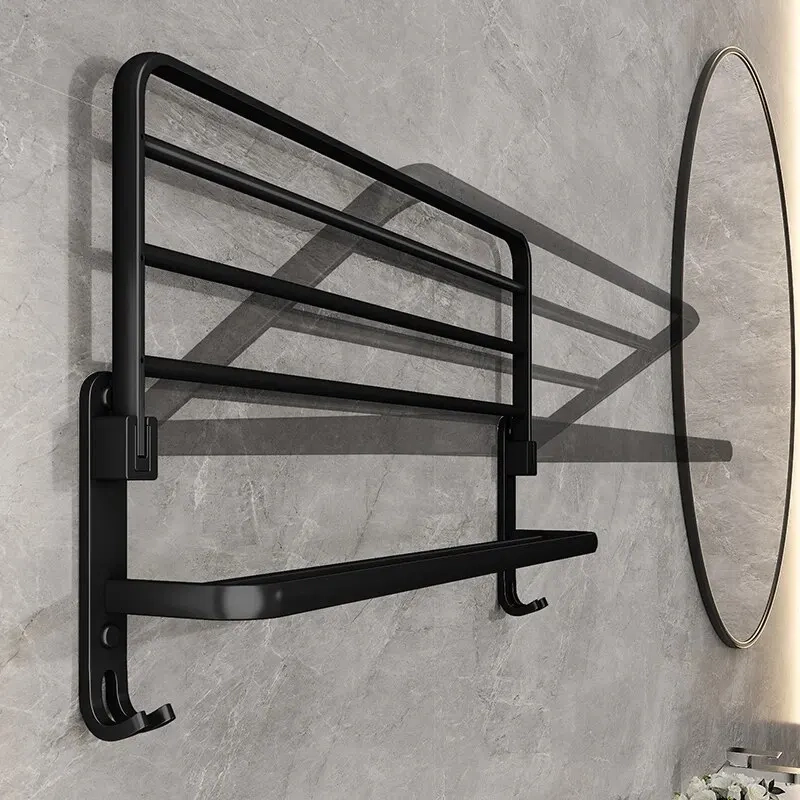 Matte Black Folding Towel Rack with Hooks - Image 4
