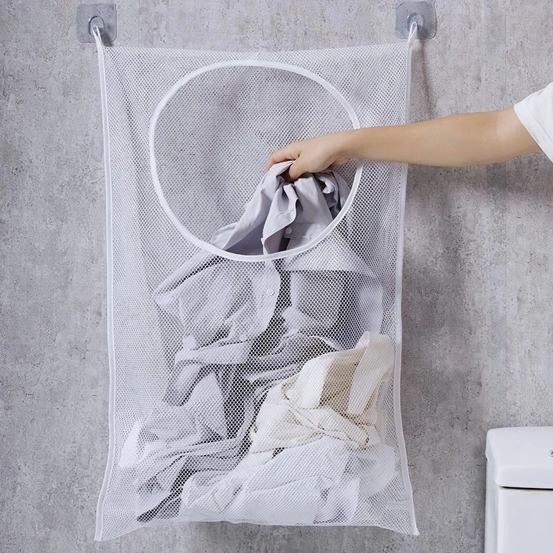 Wall Hanging Foldable Mesh Laundry Storage Bag with Hook