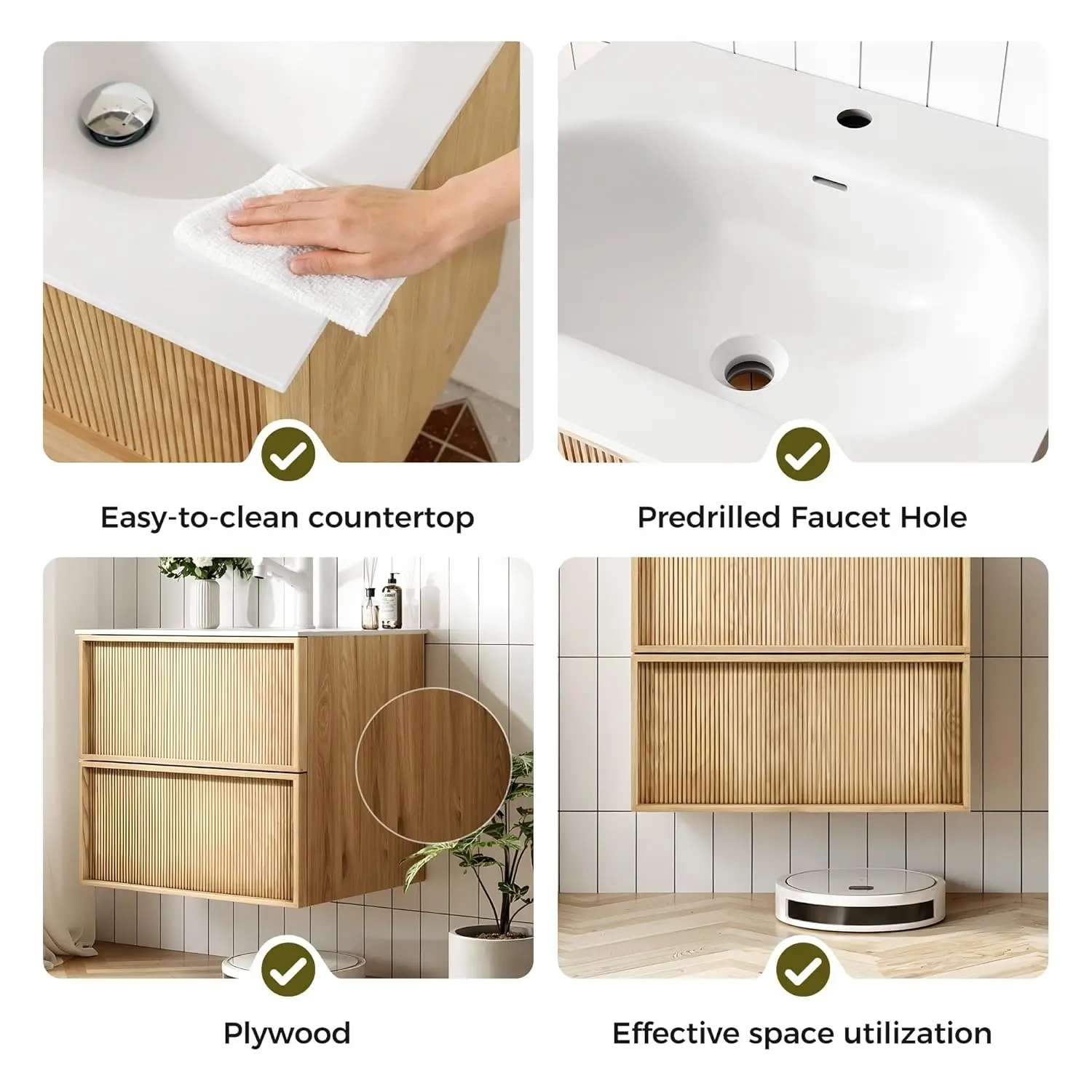 Floating Bathroom Vanity with Resin Sink and 2 Large Drawers - Image 4