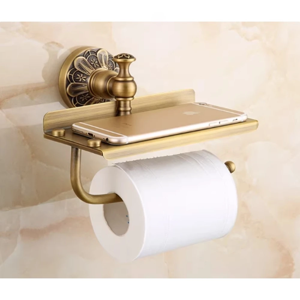 Brushed Gold Toilet Paper Holder with Shelf - Image 4