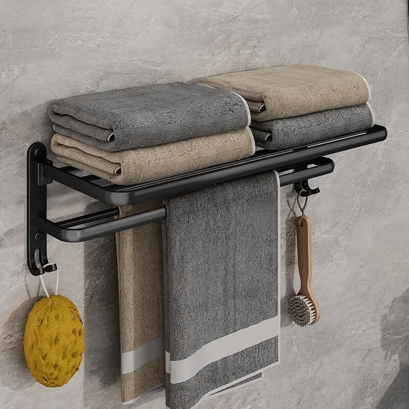 Wall-Mounted Folding Towel Rack with Hooks - Image 2