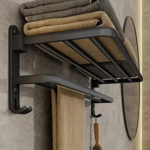 Matte Black Folding Towel Rack with Hooks