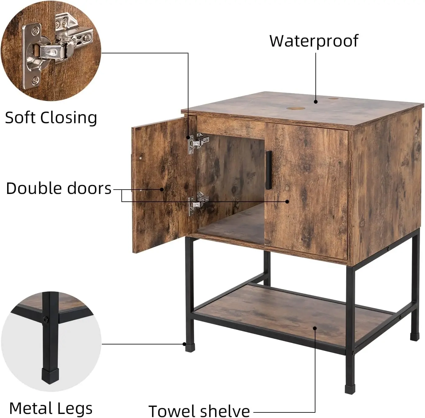 24-Inch Rustic Brown Bathroom Vanity with Vessel Sink Option and Open Shelf - Image 6