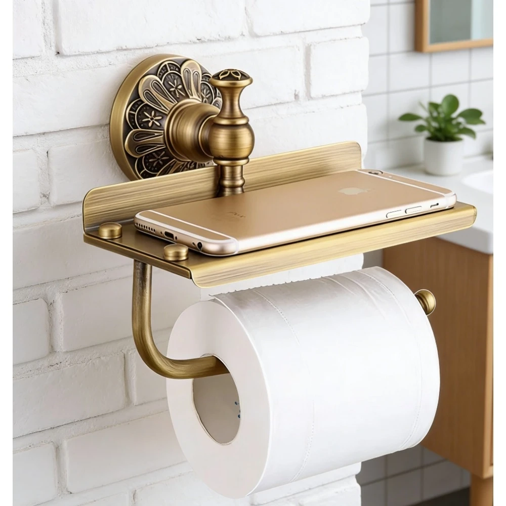 Brushed Gold Toilet Paper Holder with Shelf