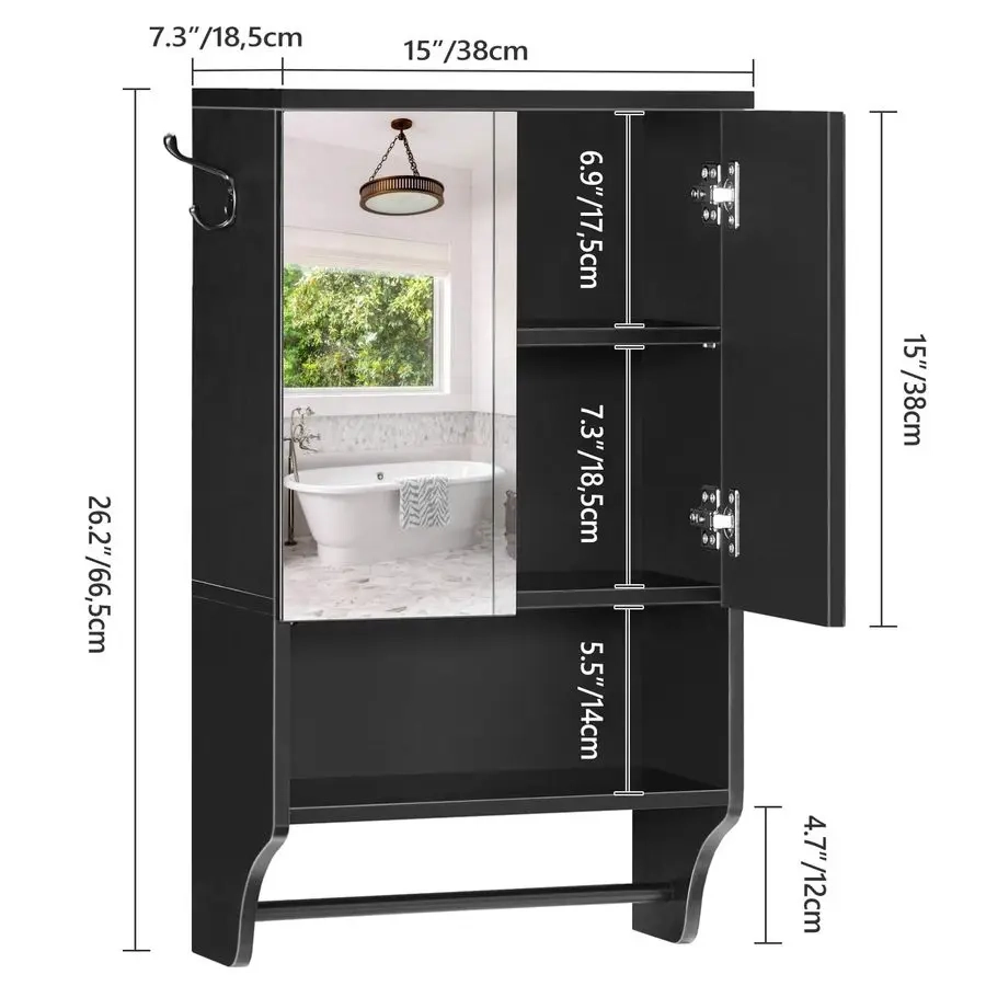 Wall Mounted Bathroom Mirror Cabinet with Adjustable Shelf, Open Cubby, and Towel Bar - Image 3