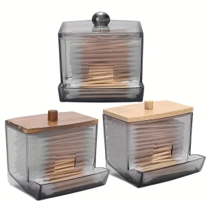 Clear Cotton Swab Holder with Bamboo Lid