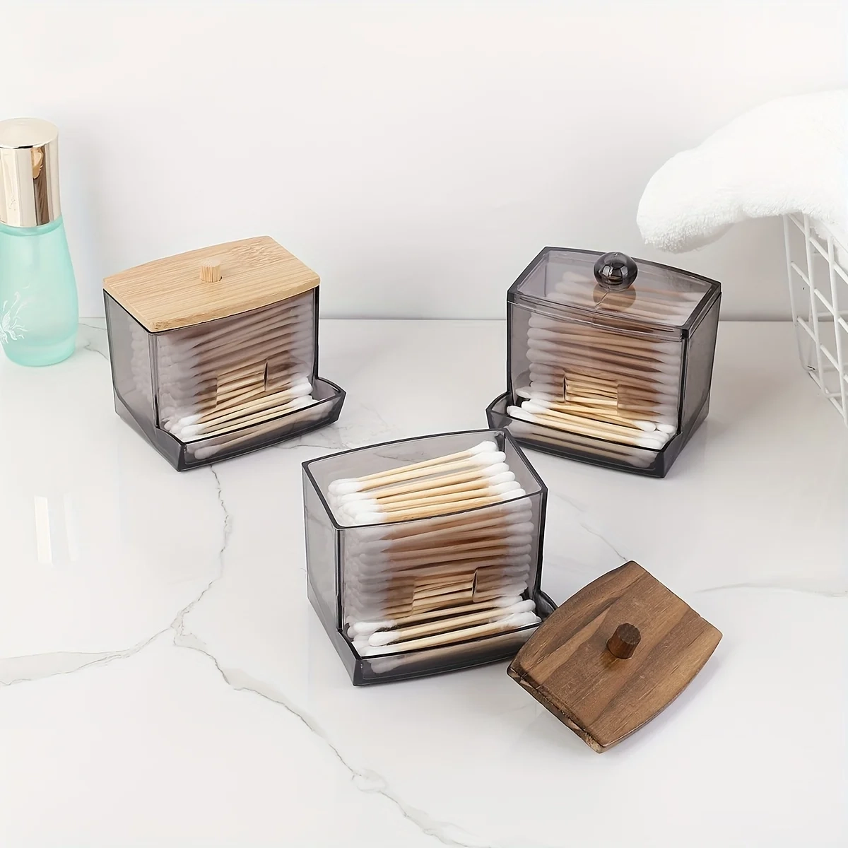 Clear Cotton Swab Holder with Bamboo Lid - Image 3