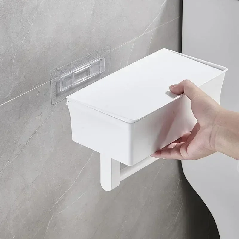 Adhesive Toilet Paper Holder Box with Shelf - Image 4