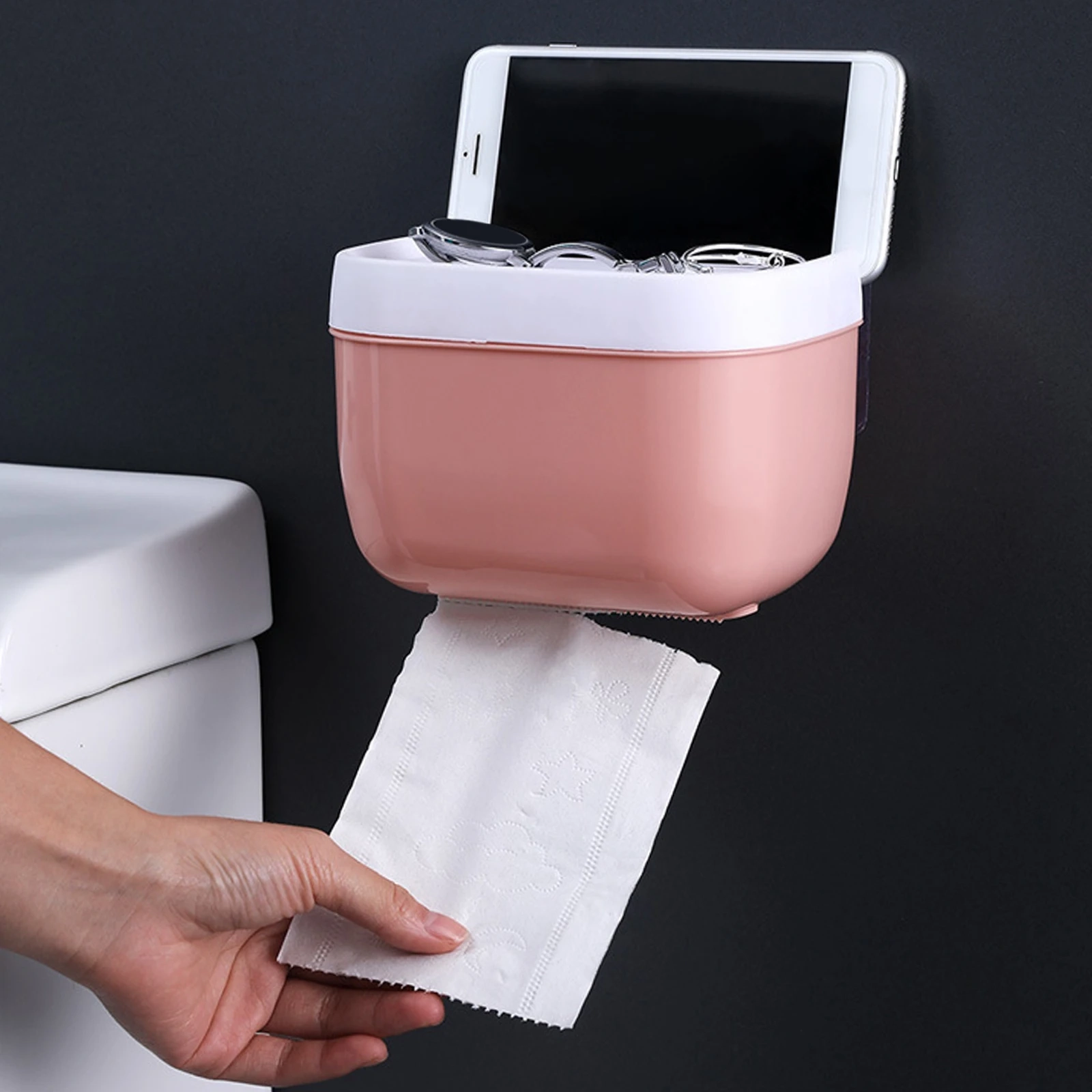No-Drill Toilet Paper Holder Box with Shelf - Image 3
