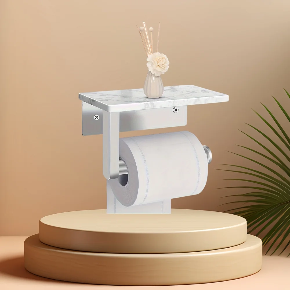 Stainless Steel Toilet Paper Holder with Marble Shelf - Image 3