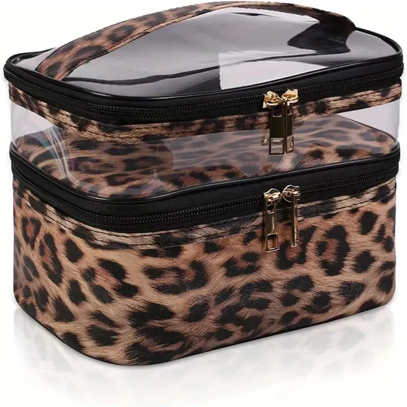 Leopard Print Double-Layer Toiletry Makeup Bag