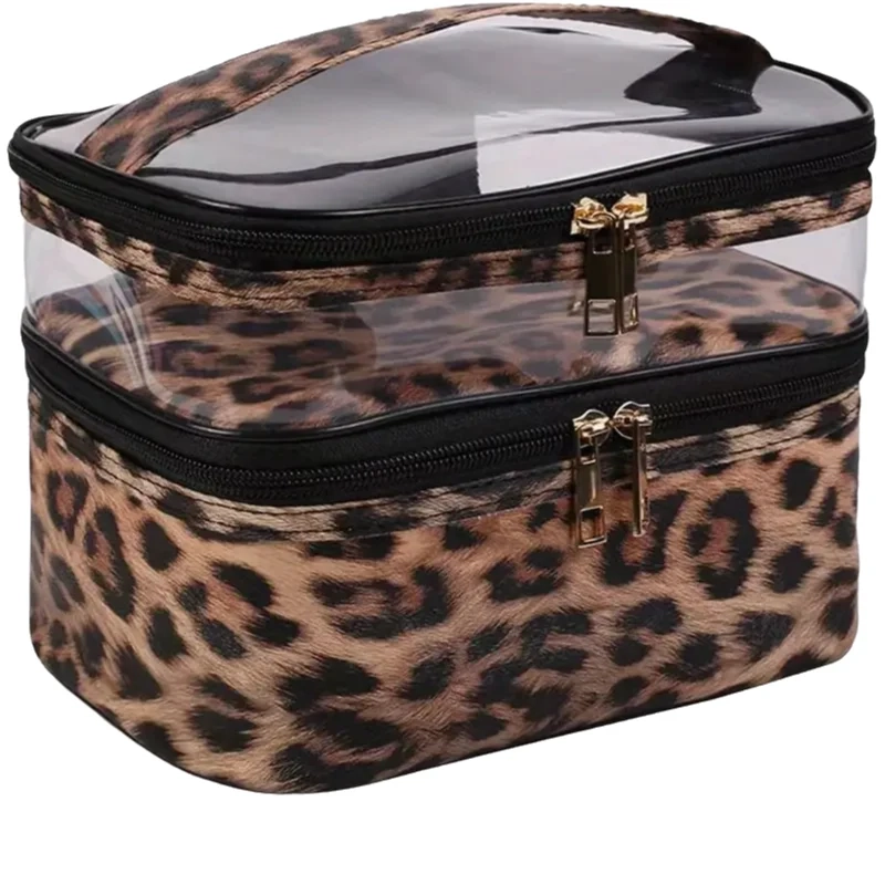 Leopard Print Double-Layer Toiletry Makeup Bag - Image 3