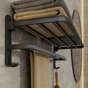 Matte Black Folding Towel Rack with Hooks