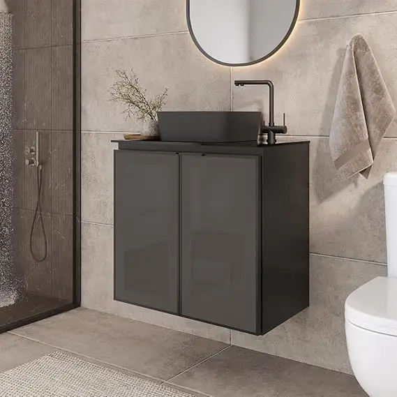 24-Inch Black Floating Bathroom Vanity Cabinet with Tempered Glass Top & Ceramic Sink - Image 6