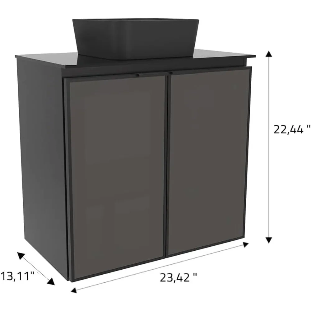24-Inch Black Floating Bathroom Vanity Cabinet with Tempered Glass Top & Ceramic Sink - Image 2