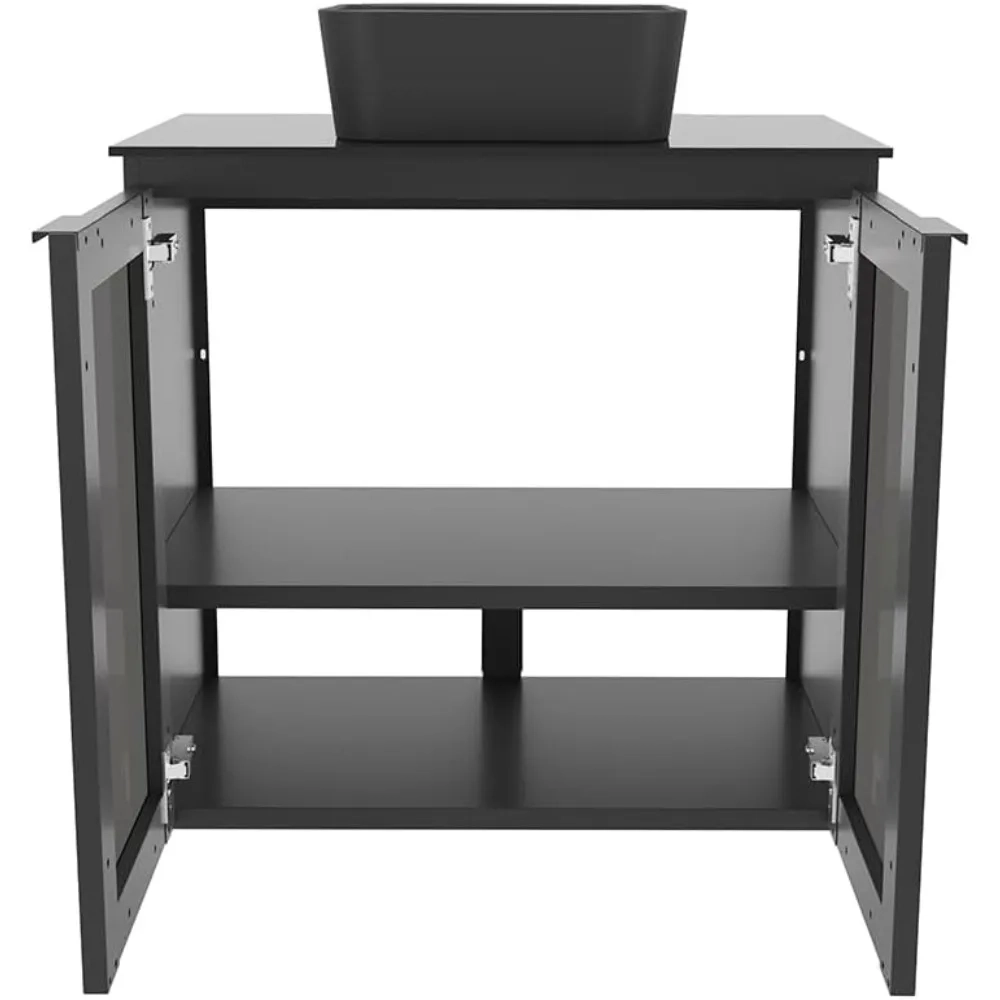 24-Inch Black Floating Bathroom Vanity Cabinet with Tempered Glass Top & Ceramic Sink - Image 3