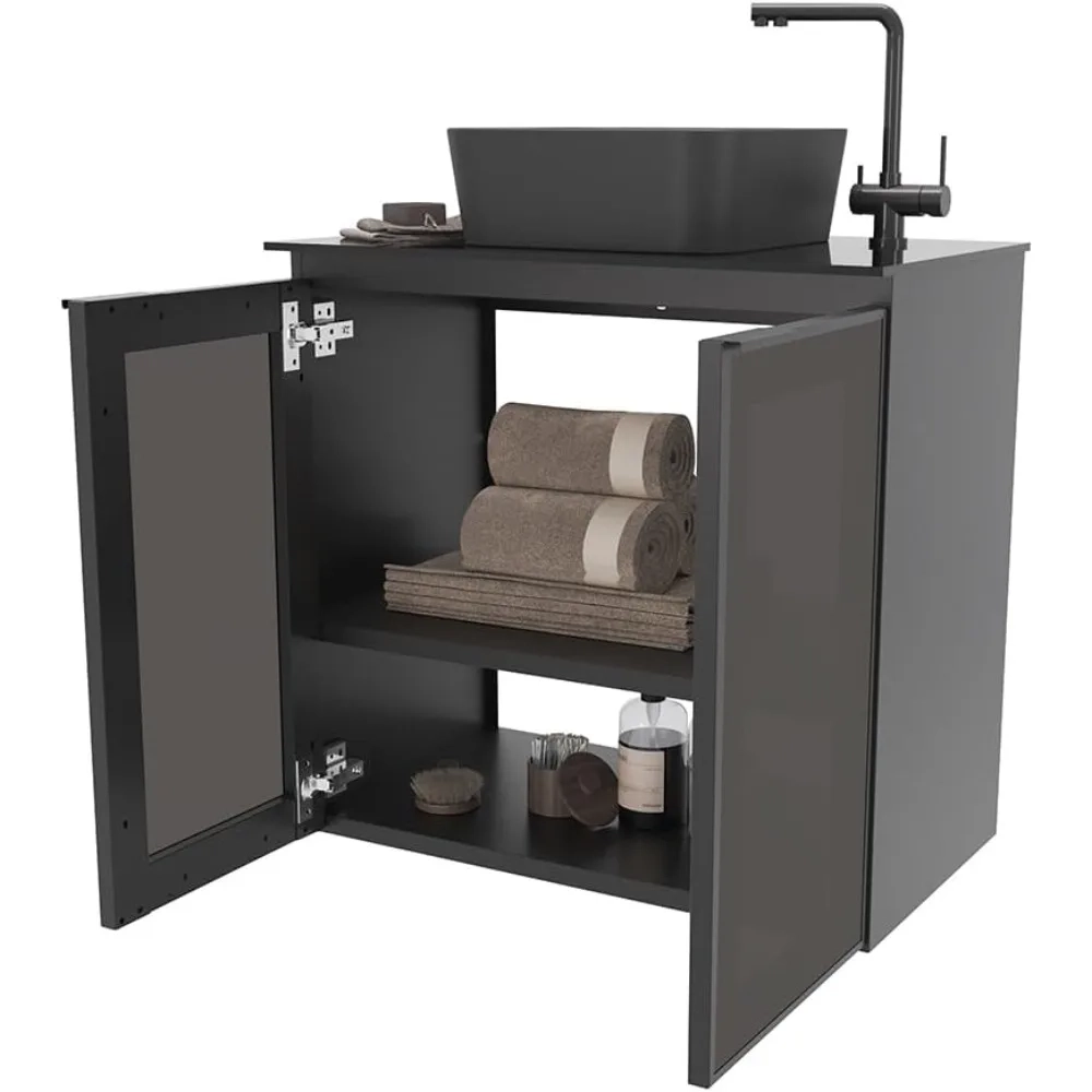 24-Inch Black Floating Bathroom Vanity Cabinet with Tempered Glass Top & Ceramic Sink - Image 4