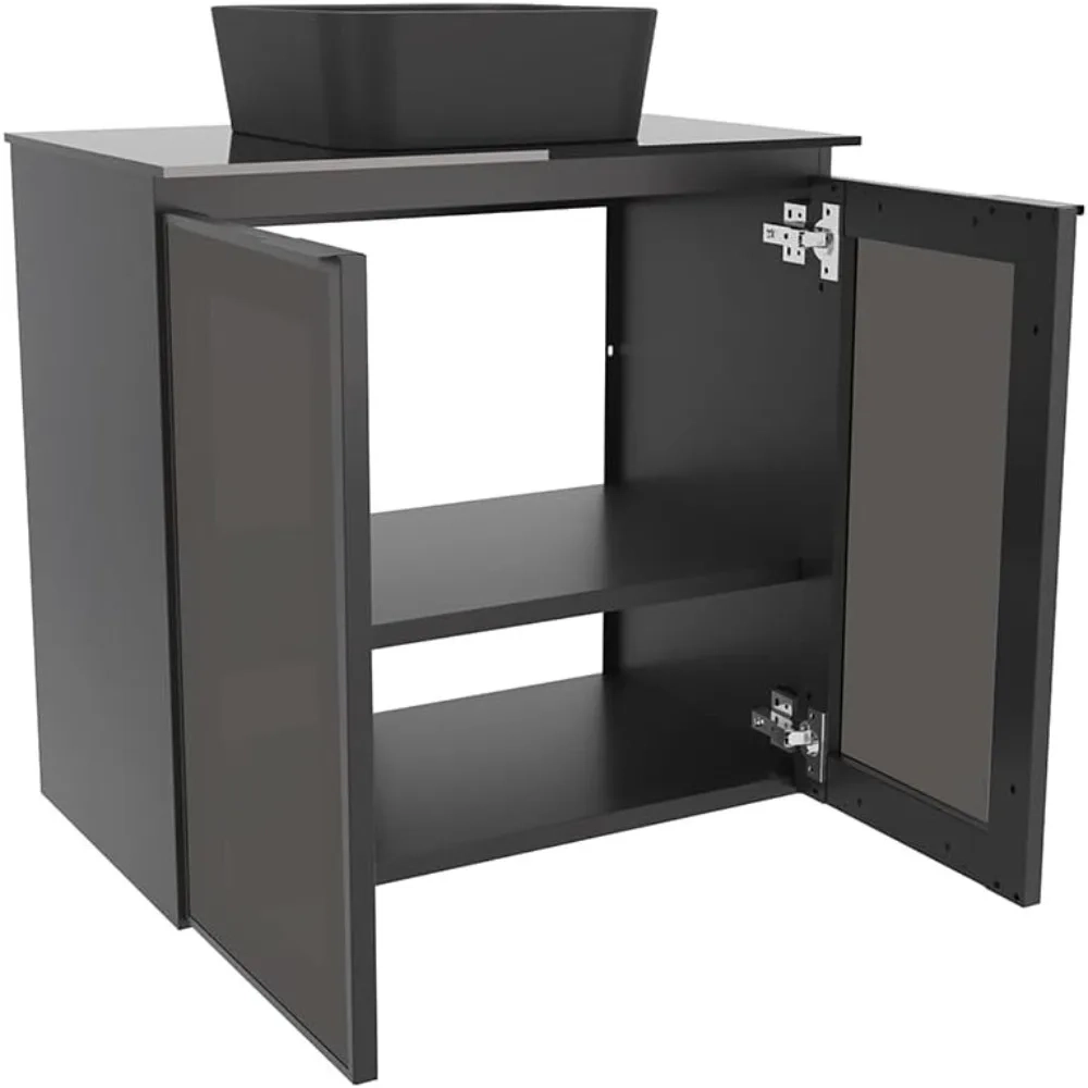 24-Inch Black Floating Bathroom Vanity Cabinet with Tempered Glass Top & Ceramic Sink - Image 5