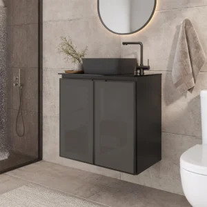 24-Inch Black Floating Bathroom Vanity Cabinet with Tempered Glass Top & Ceramic Sink