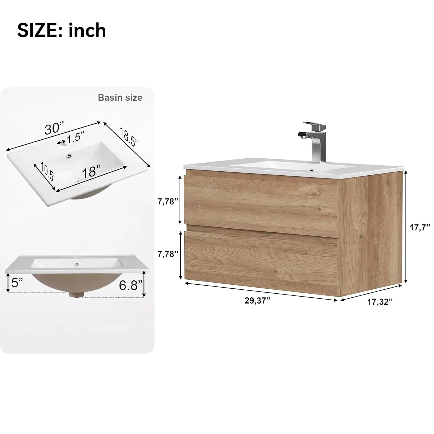 30-Inch Wall Mounted Bathroom Vanity with Ceramic Sink and 2 Soft-Close Drawers - Image 2