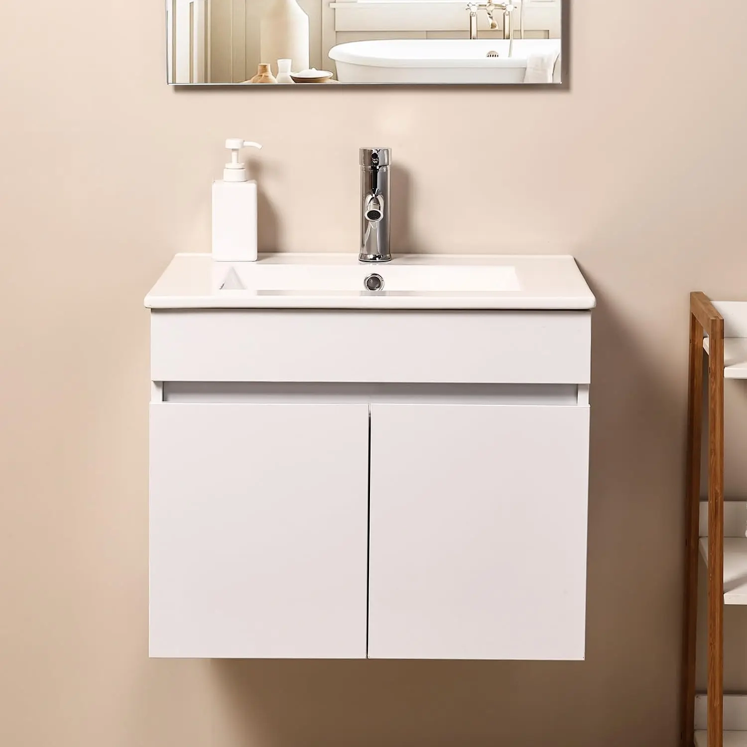 24-Inch Wall Mounted Bathroom Vanity with Ceramic Basin, Faucet & Soft-Close Double Doors