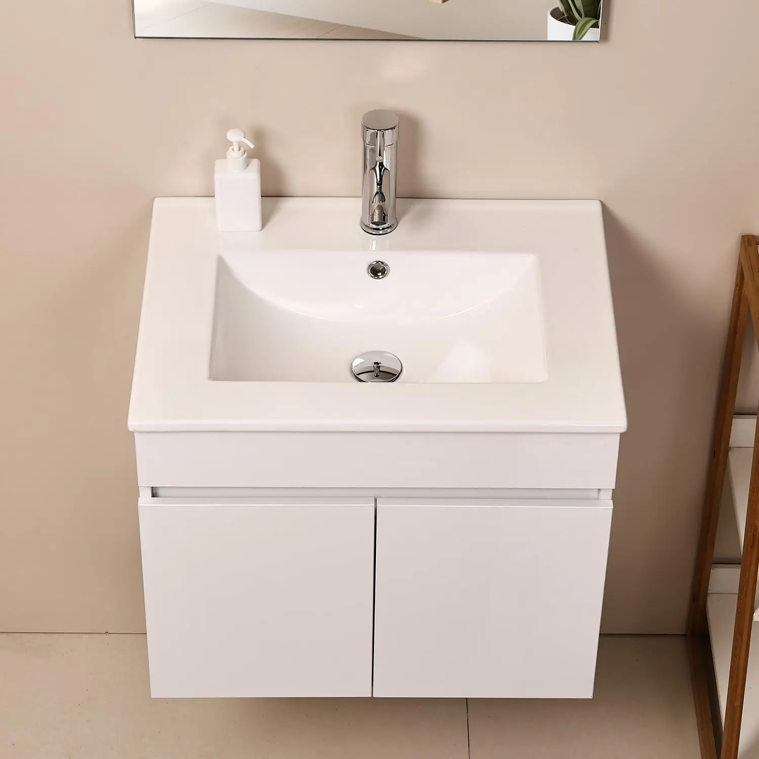 24-Inch Wall Mounted Bathroom Vanity with Ceramic Basin, Faucet & Soft-Close Double Doors - Image 3