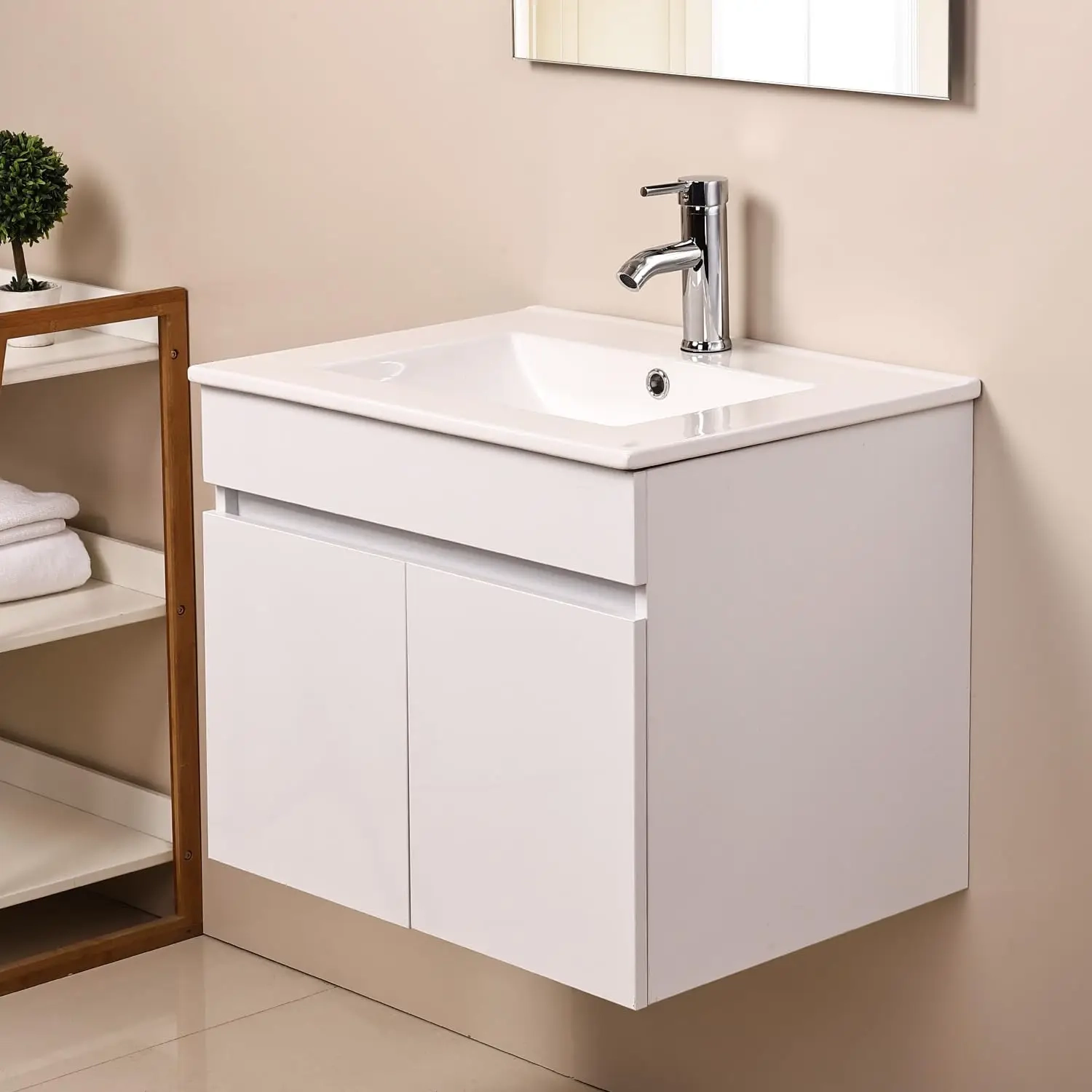 24-Inch Wall Mounted Bathroom Vanity with Ceramic Basin, Faucet & Soft-Close Double Doors - Image 4