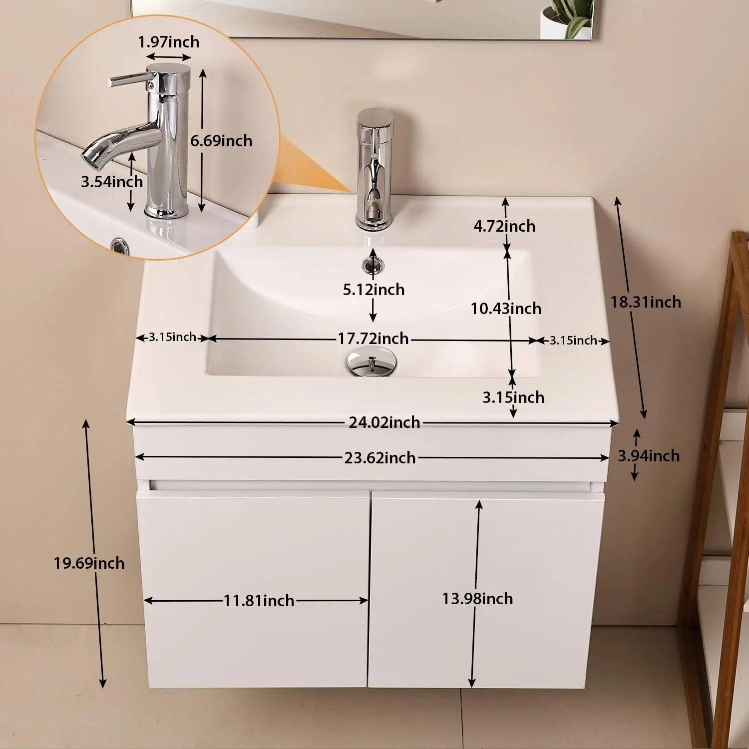24-Inch Wall Mounted Bathroom Vanity with Ceramic Basin, Faucet & Soft-Close Double Doors - Image 2