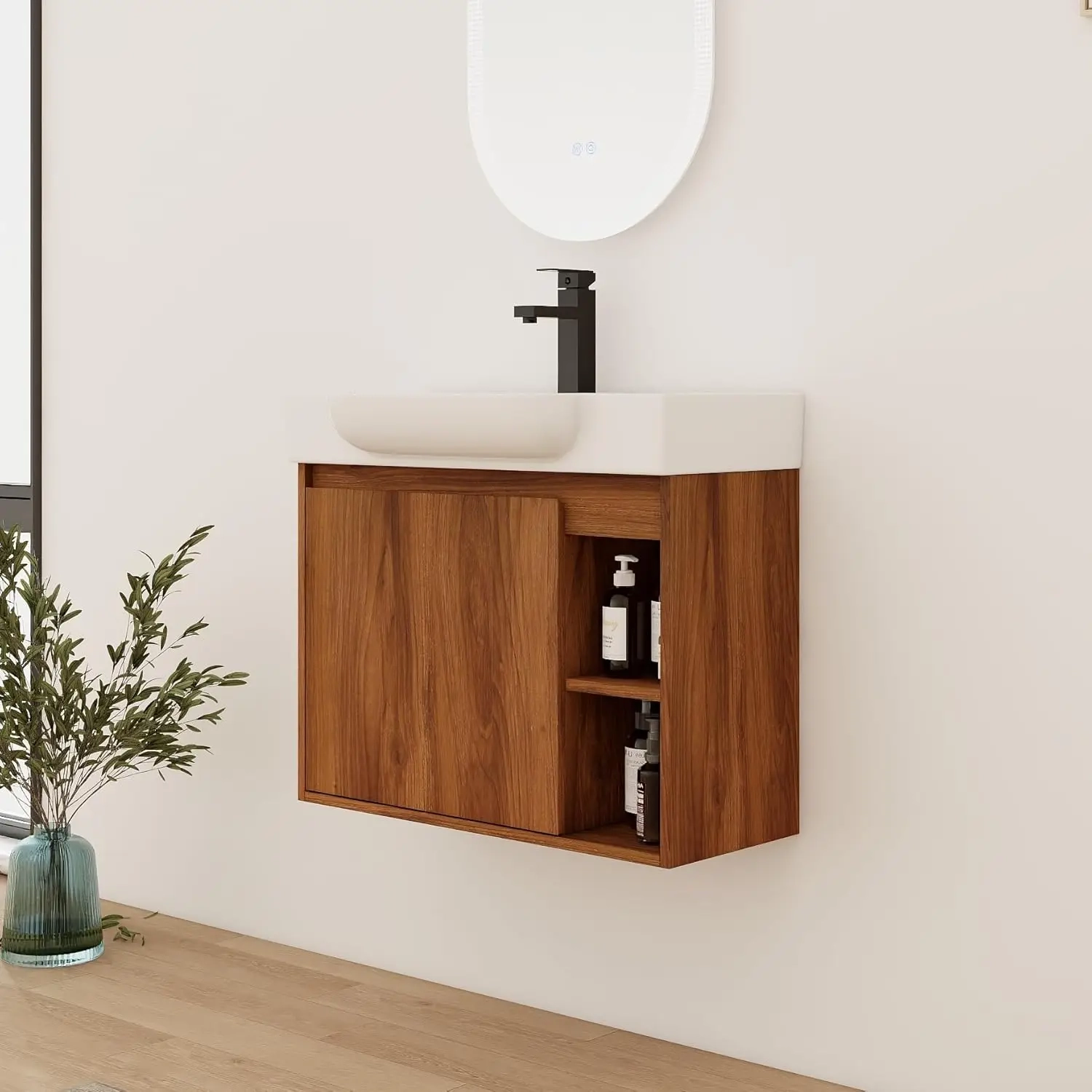 28-Inch Wall Mounted Bathroom Vanity with Ceramic Sink and Open Storage Shelves