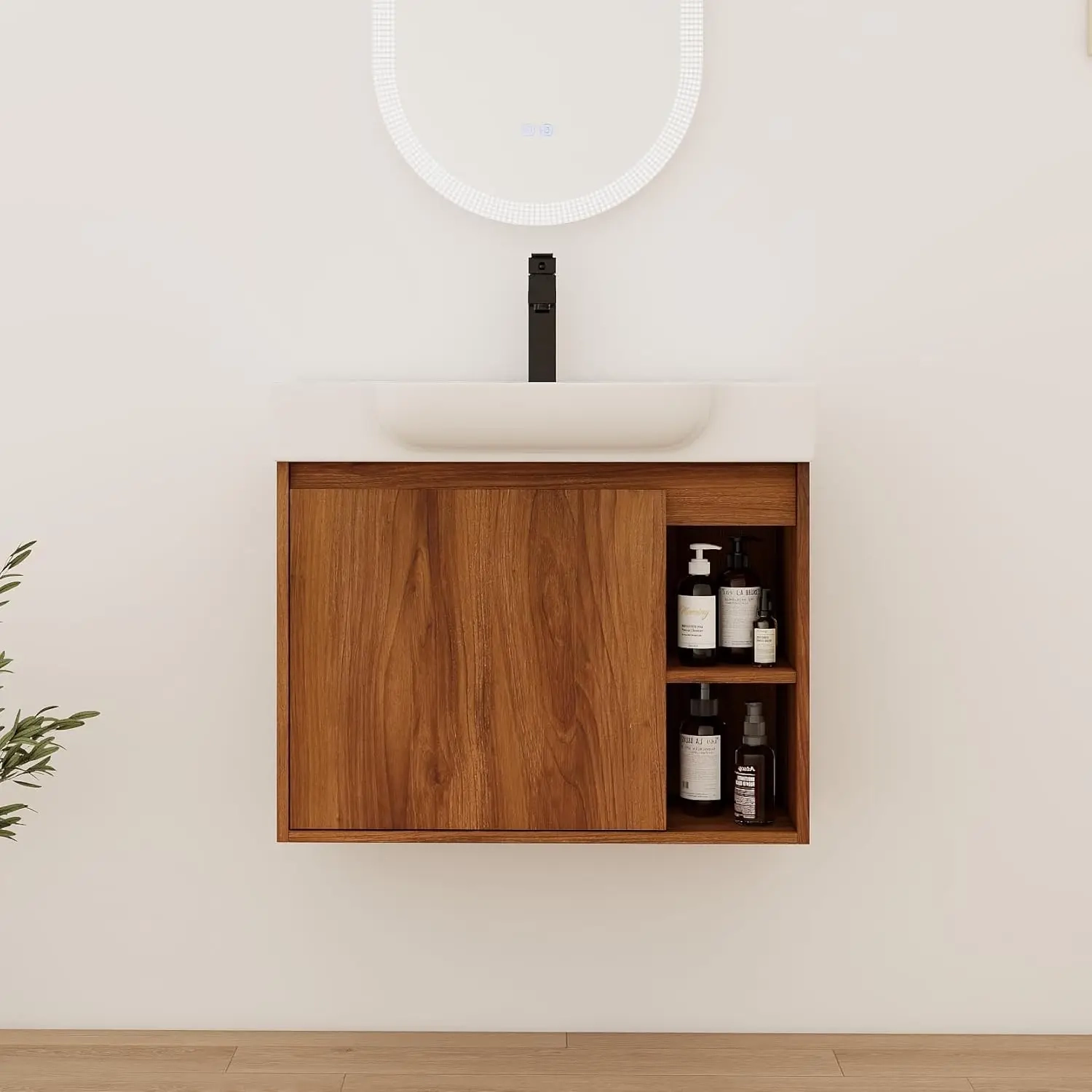 28-Inch Wall Mounted Bathroom Vanity with Ceramic Sink and Open Storage Shelves - Image 3