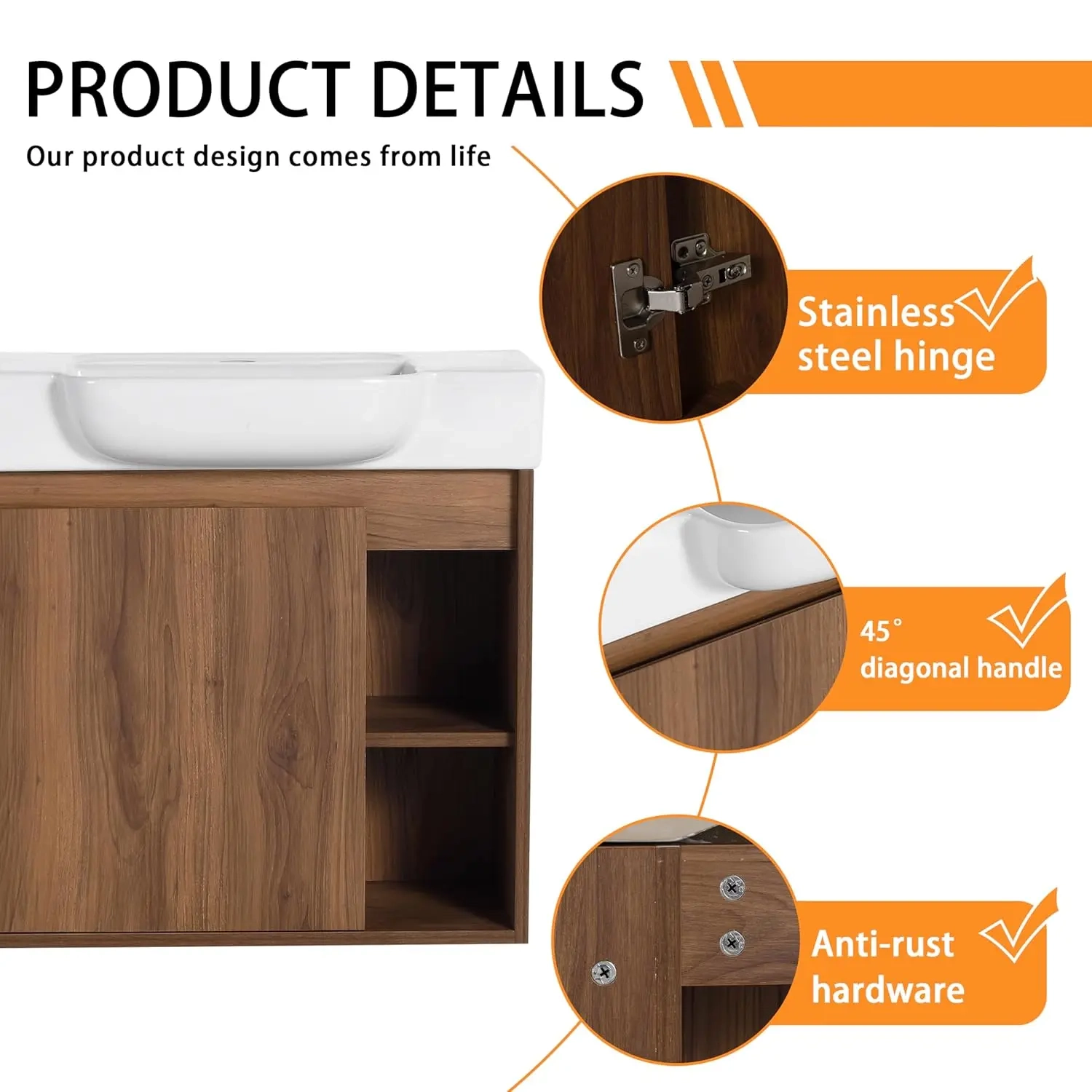 28-Inch Wall Mounted Bathroom Vanity with Ceramic Sink and Open Storage Shelves - Image 4