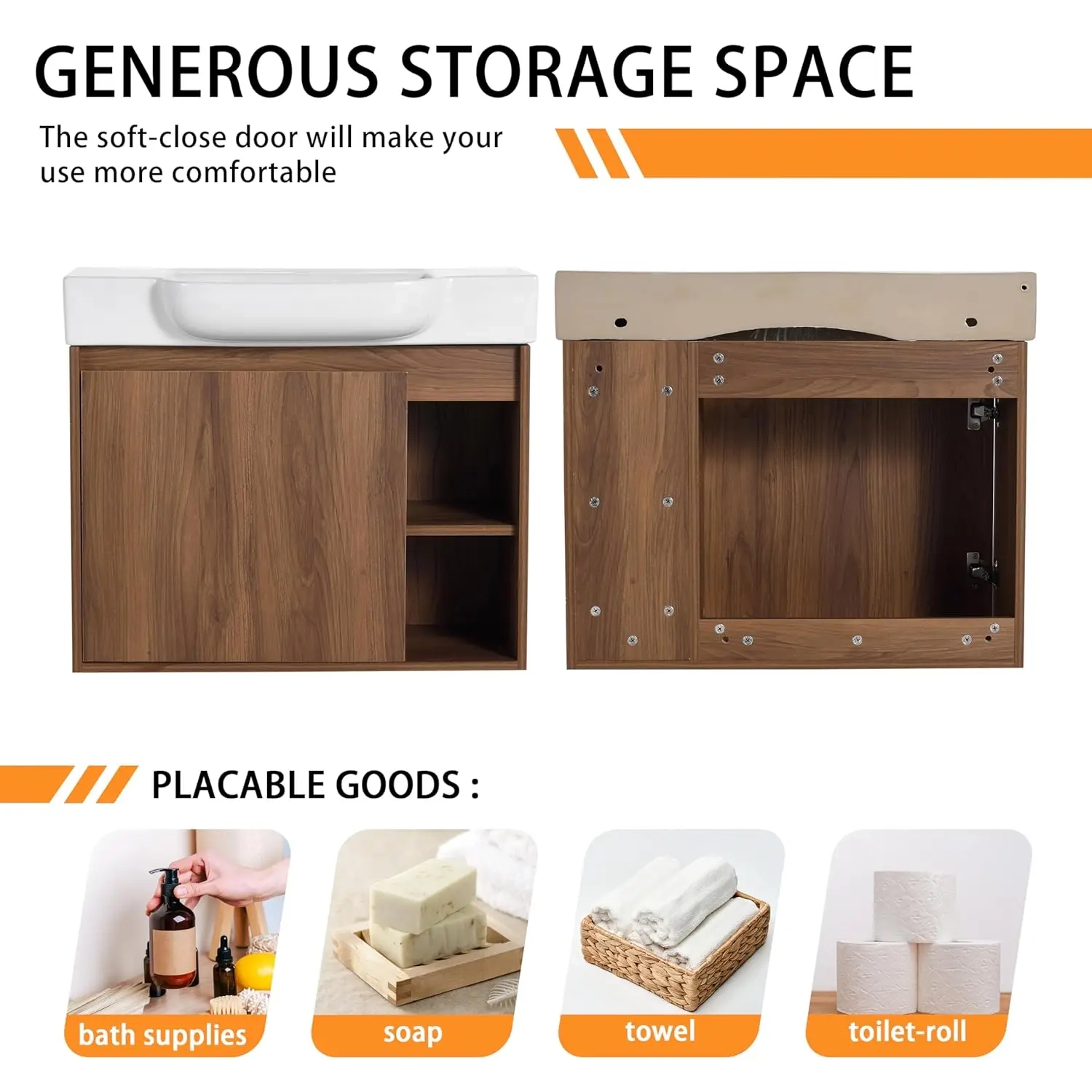 28-Inch Wall Mounted Bathroom Vanity with Ceramic Sink and Open Storage Shelves - Image 6